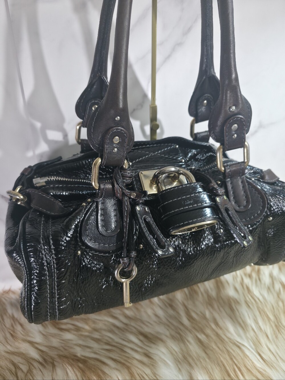 Chloe Black Patent Leather Satchel with Gold Hardware - Picture 3 of 16